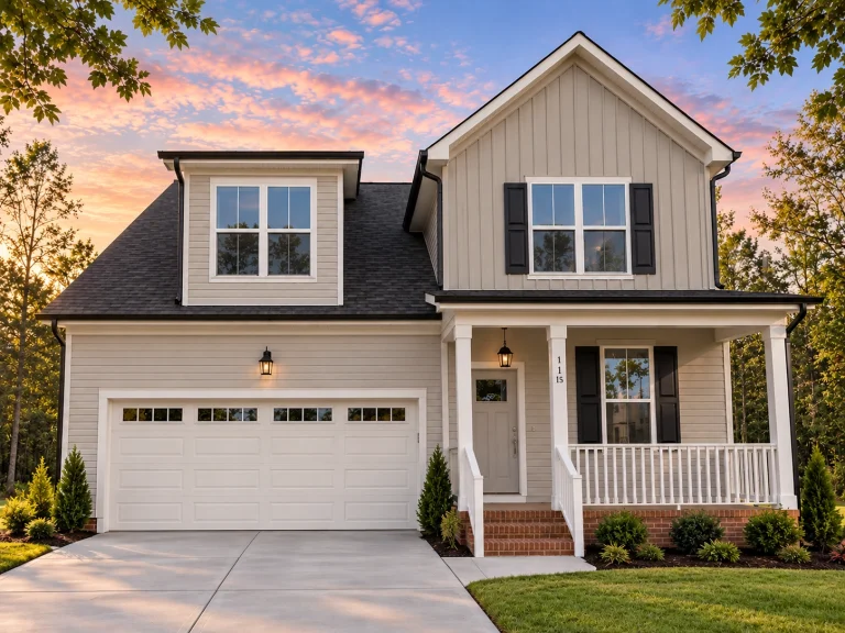 Affordable House Plans 15 Front elevation of a Modern Farmhouse style home featuring board and batten siding, brick accents, black-framed windows, and a welcoming covered porch