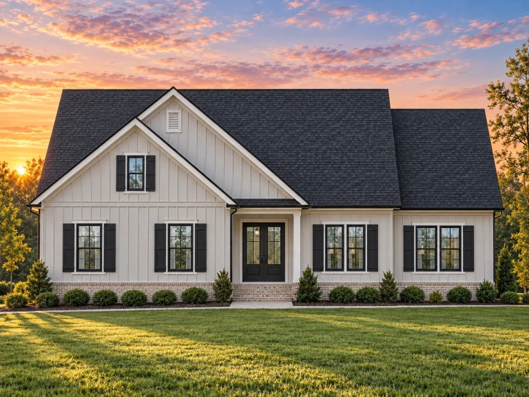 House Plans with Balcony 20 Front view of a Traditional Ranch style home featuring a mix of horizontal siding and board-and-batten gable accents with a welcoming front porch entry.