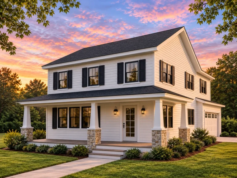 Front view of a Traditional Colonial home featuring horizontal siding, stone porch columns, and a welcoming wraparound porch