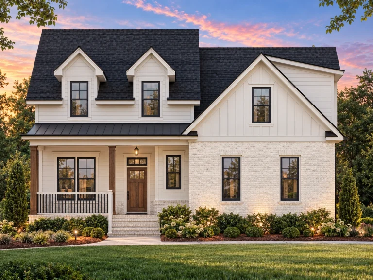 Front elevation of a New American modern traditional house with brick veneer, board and batten gable, lap siding, and covered front porch