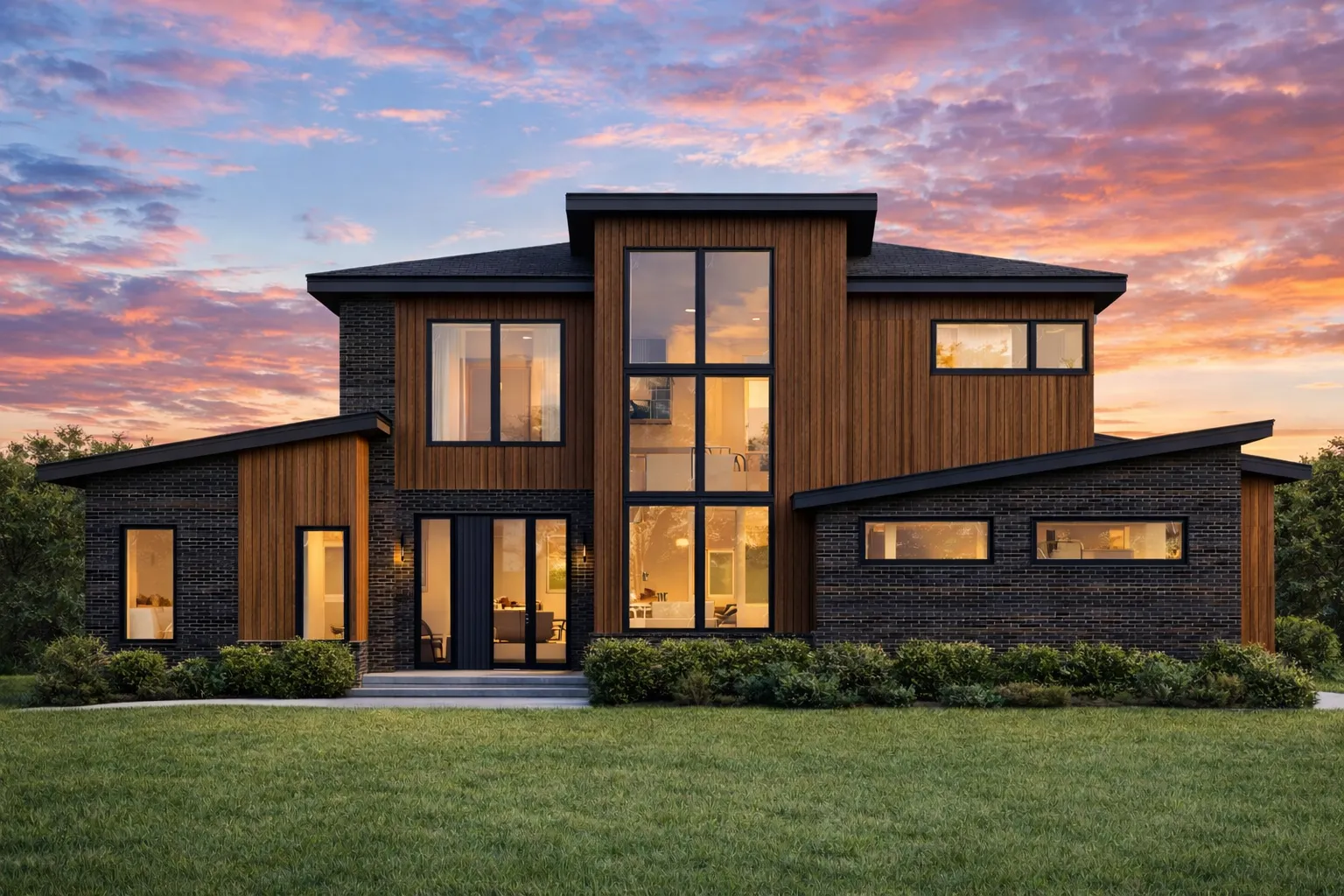 Front elevation of a modern farmhouse style home with green board and batten siding, vertical windows, and clean contemporary lines