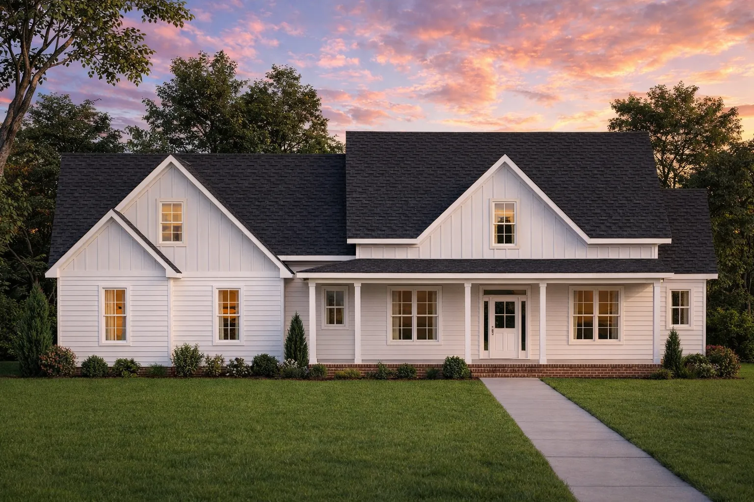 Front elevation of a Modern Farmhouse featuring board and batten siding, gable roofs, covered front porch, and warm inviting curb appeal surrounded by lush landscaping