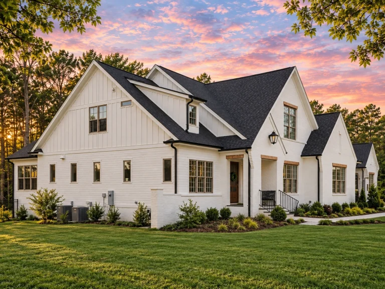 Transitional Ranch House Plans 8 Front elevation of a New American Traditional style house featuring painted brick, horizontal siding, gabled rooflines, and an attached garage