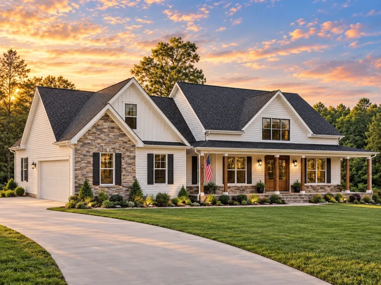 House Plans with Photos 1 Front view of a Modern Farmhouse and Craftsman style home featuring stone accents, board and batten siding, and dark trim windows under a steep gable roof.
