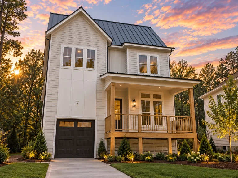 Front exterior view of a Modern Farmhouse style home with board and batten siding, standing seam metal roof, covered porch, and front-entry garage