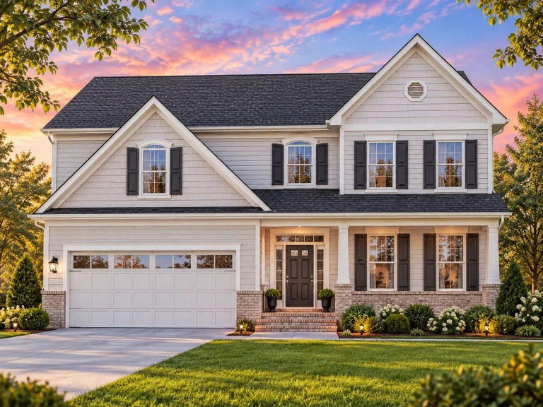 Front view of a Traditional Colonial style two-story house featuring brick and horizontal lap siding, black garage door, and symmetrical windows