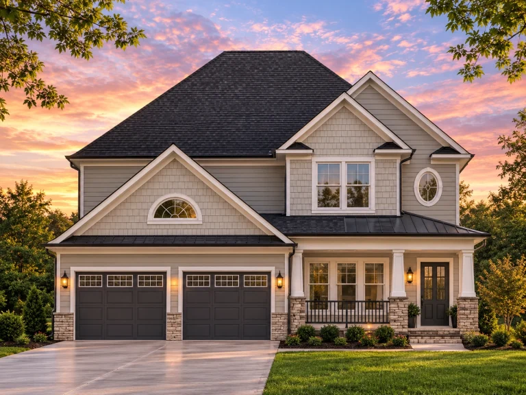 Front elevation of a Traditional New American style house featuring horizontal lap siding, stone accents, and a welcoming covered porch entry