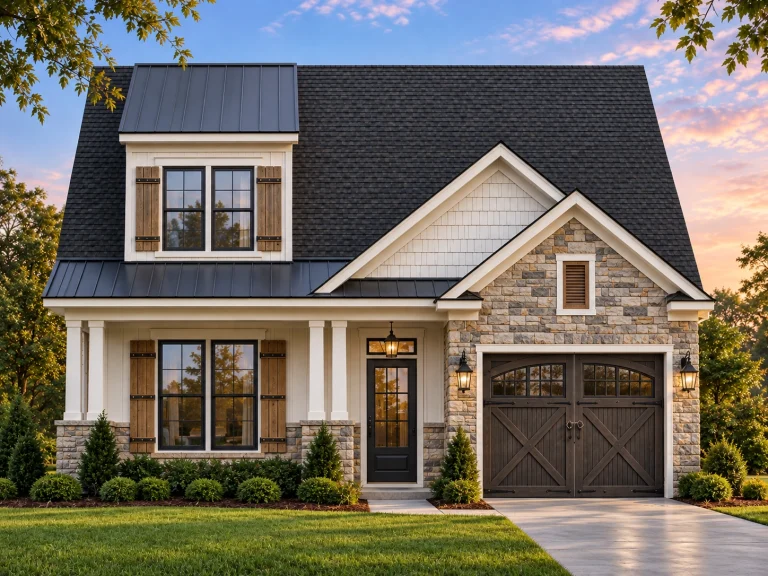 7 Bedroom House Plans 22 Front elevation of a Traditional Suburban Craftsman style home featuring stone veneer, horizontal siding, gabled rooflines, and a welcoming entry