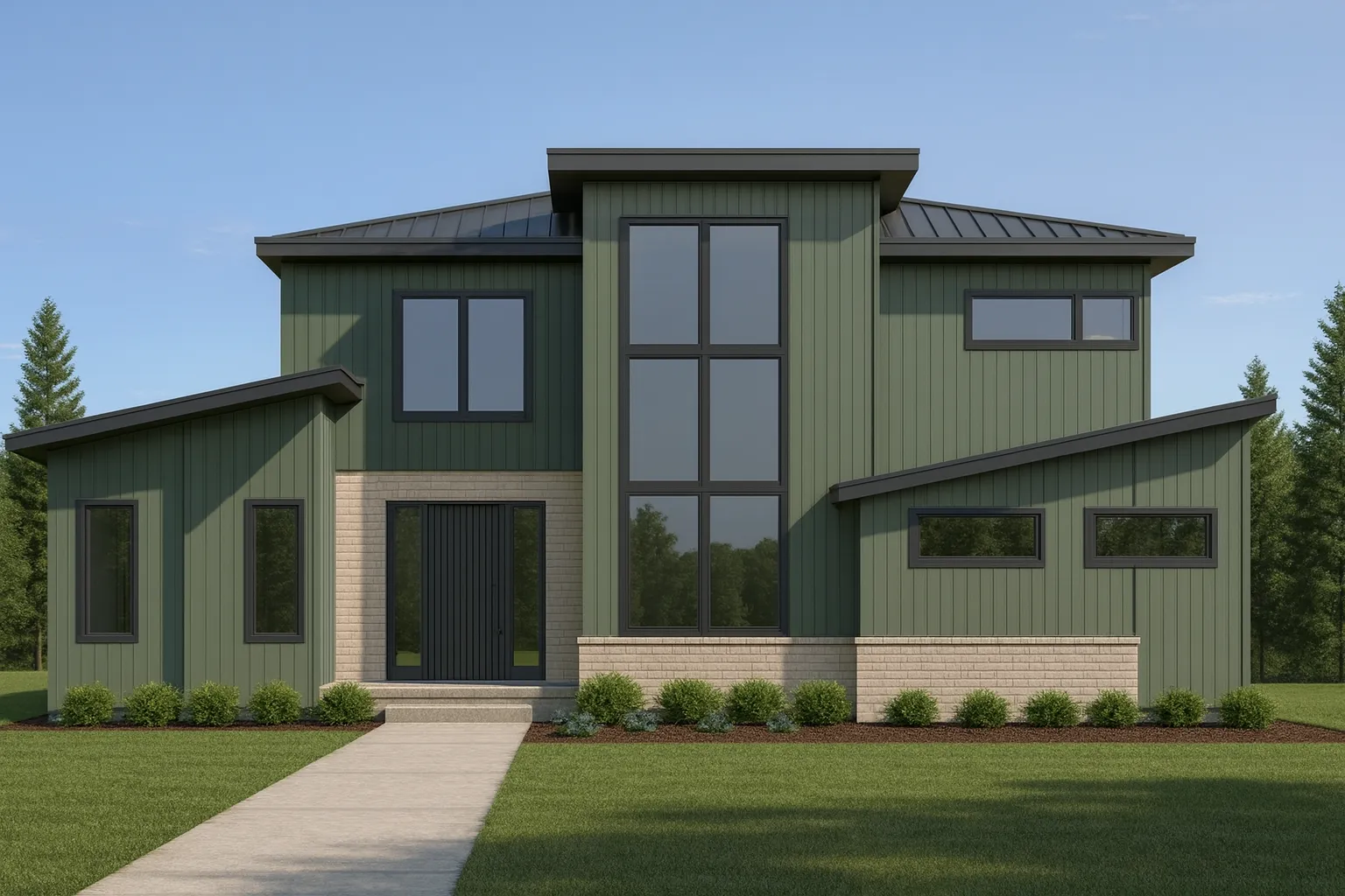 Front elevation of a modern farmhouse style home with green board and batten siding, vertical windows, and clean contemporary lines