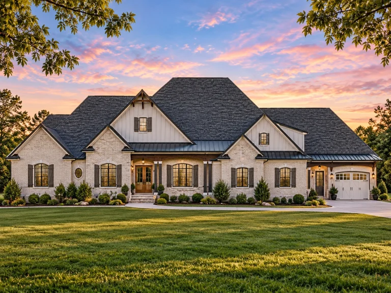 Front elevation of a Traditional Ranch style home with brick exterior, gabled rooflines, shutters, and refined New American detailing