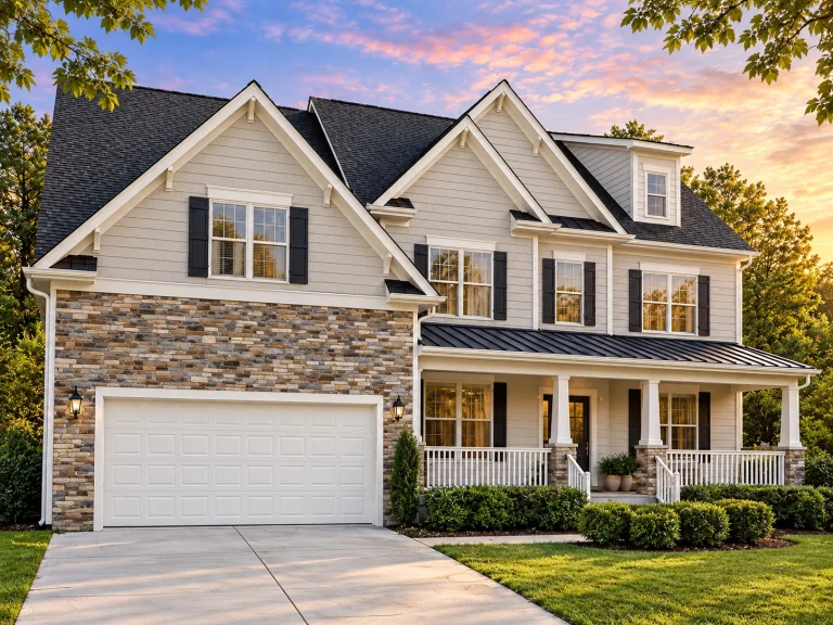 3 Bedroom House Plans 16 Front elevation of a New American style two-story home with horizontal siding, shingle accents, stone base, and attached two-car garage
