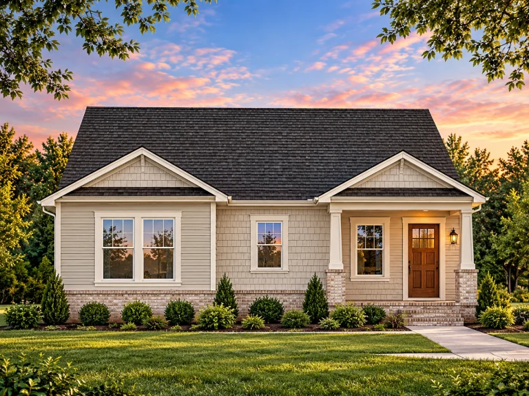 Front elevation of a Traditional Ranch style home with stone veneer, vinyl siding, symmetrical windows, and simple suburban detailing