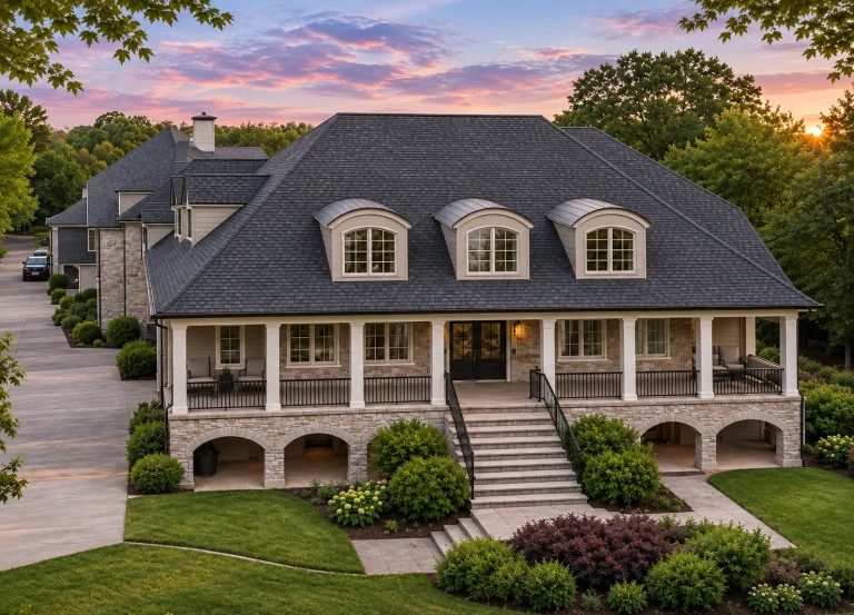 Front elevation of a Georgian Colonial style home with symmetrical brick exterior, double stacked porches, dormer windows, and classical columns