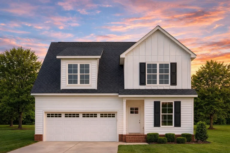 Front exterior of a Modern Farmhouse with board and batten siding, horizontal lap panels, black trim windows, and covered porch entry