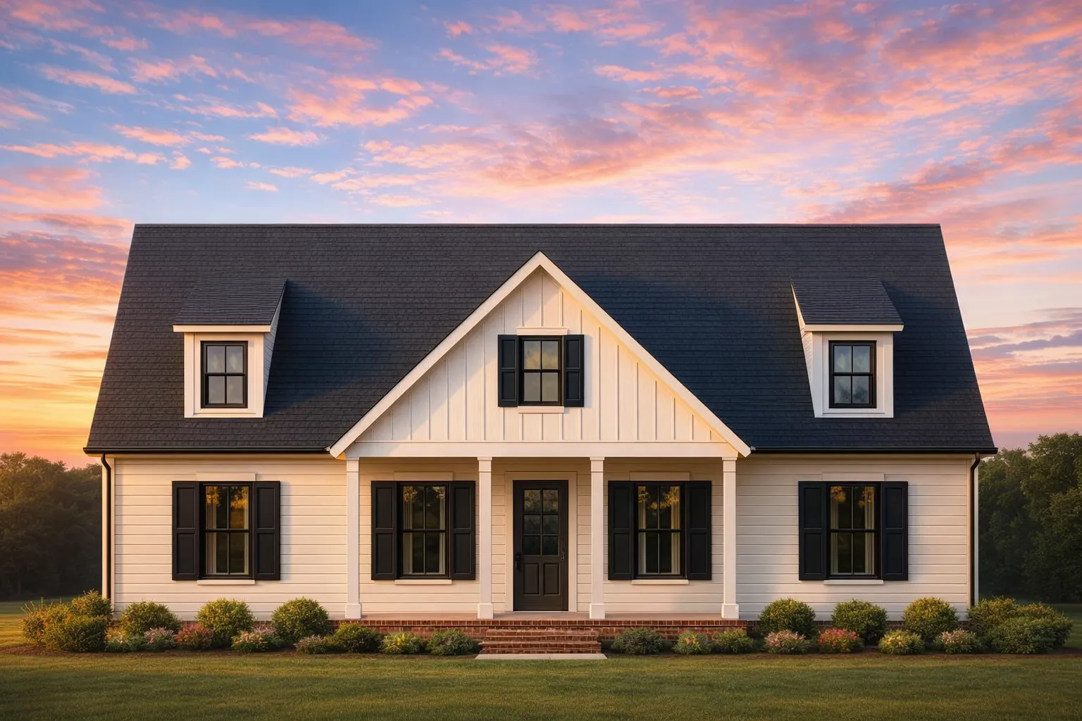 Front view of a Modern Farmhouse Cape Cod style home featuring white board and batten siding, black shutters, and a welcoming covered porch entry