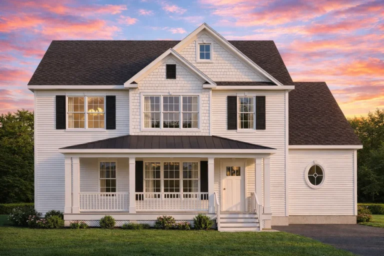 Front elevation of a Traditional Colonial style home with horizontal siding, symmetrical windows, and a covered front porch