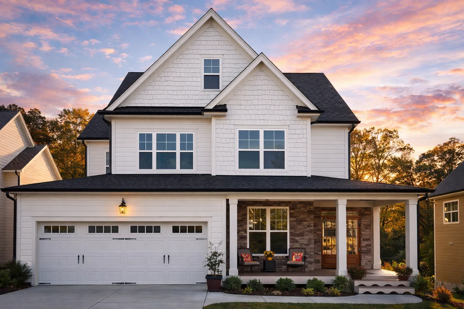 Front elevation of a New American Modern Traditional house with horizontal siding, gabled rooflines, and a welcoming covered front porch