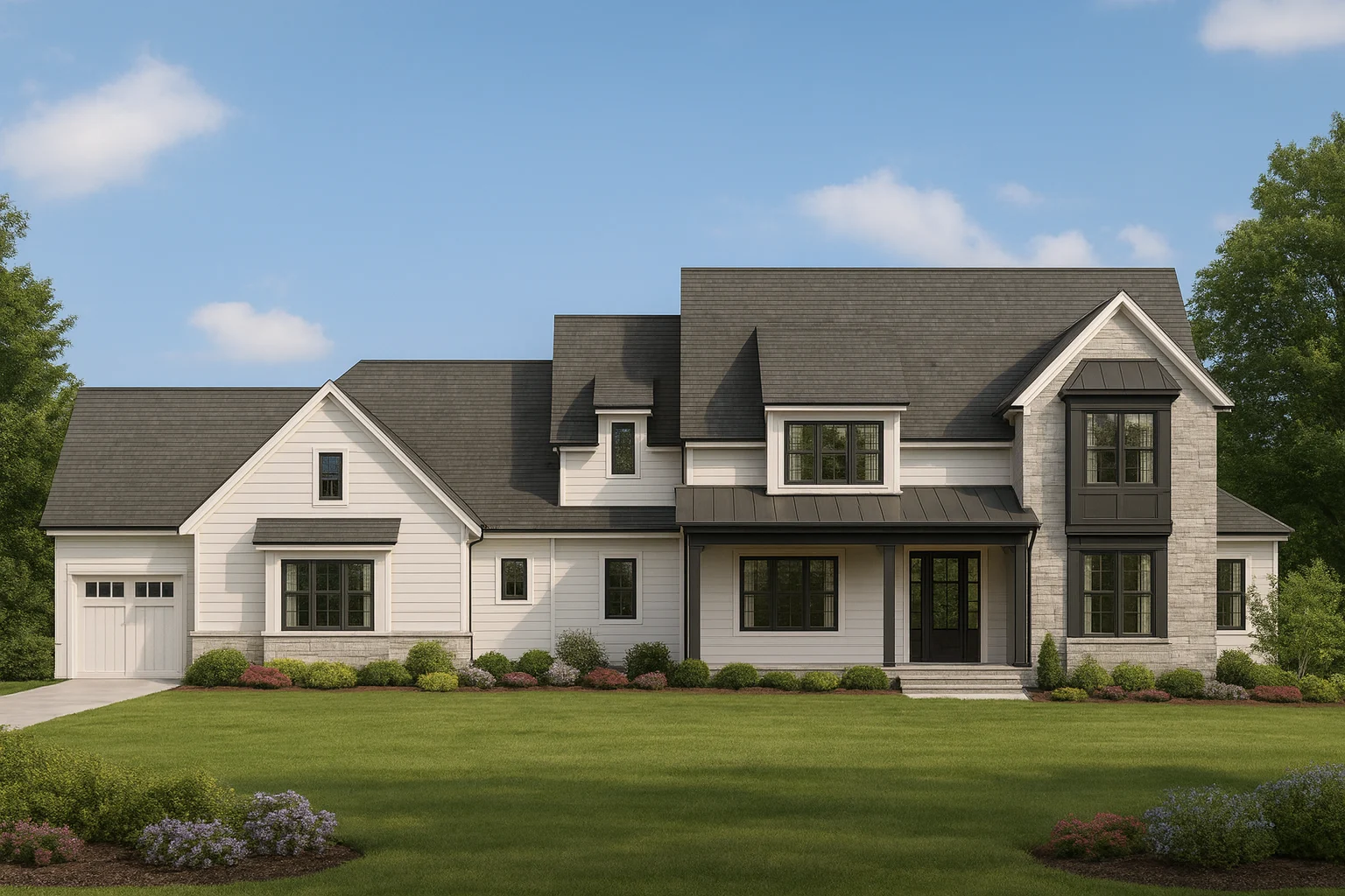Front view of a Modern Farmhouse with white board and batten siding, stone accents, dark trim, and a covered porch