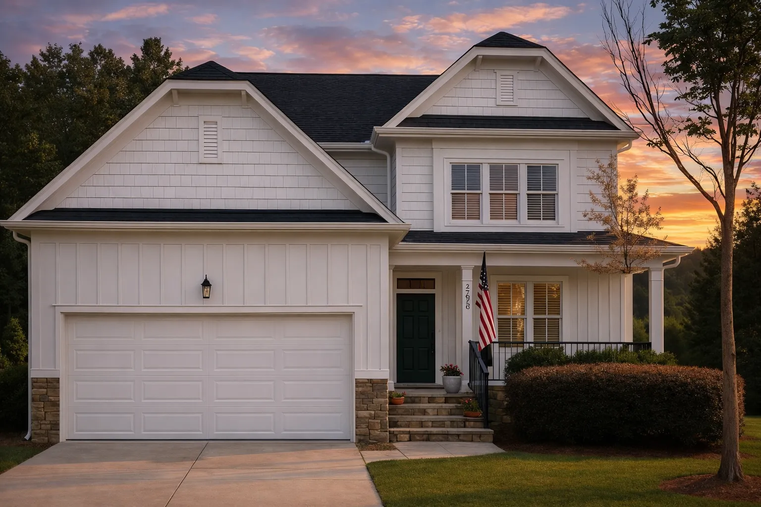Front elevation of a Traditional Farmhouse and New American style home featuring board and batten siding, stone base, two-car garage, and inviting covered porch entry