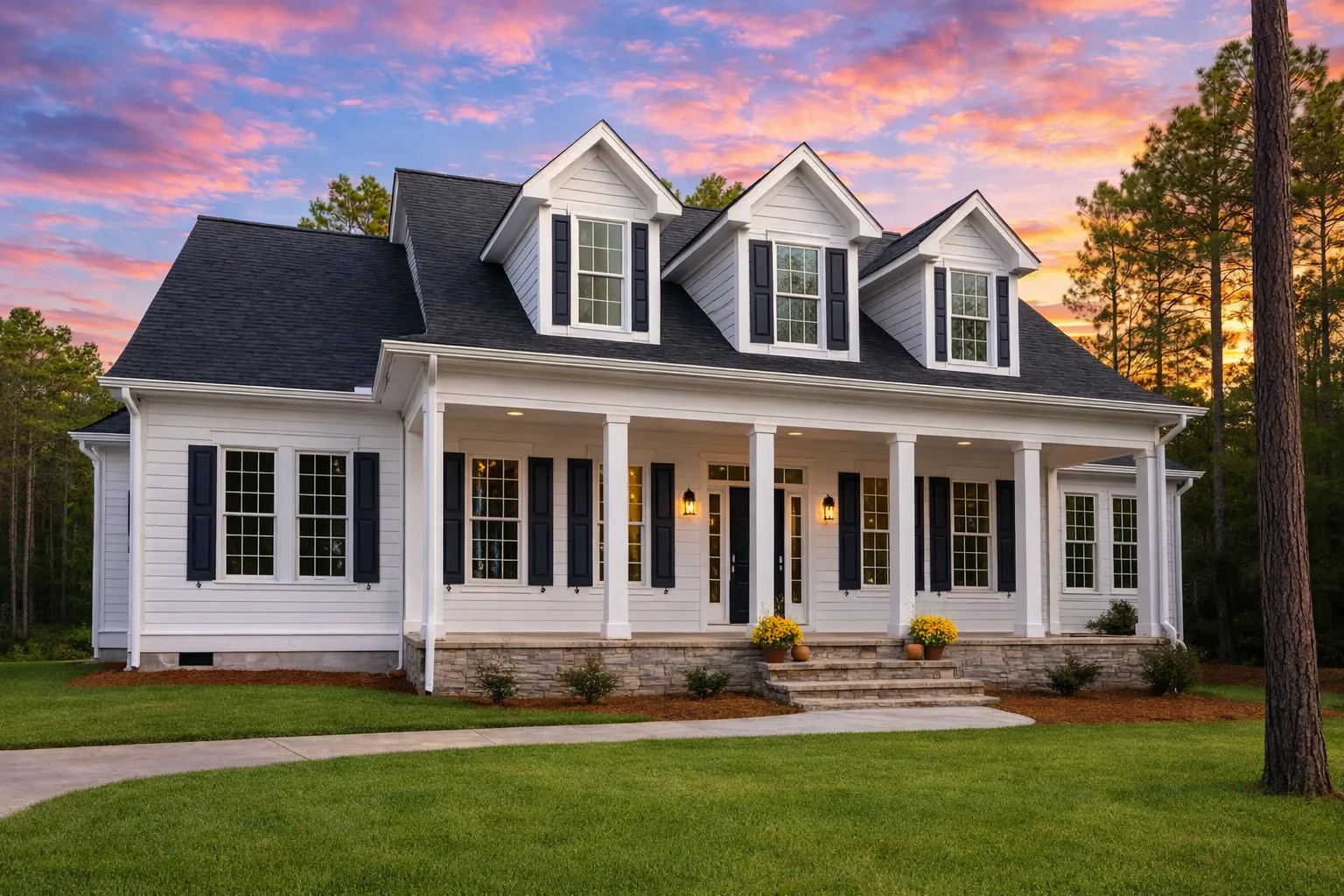 Front exterior view of a Southern Farmhouse style home featuring stone foundation, horizontal siding, and a large covered porch with white columns.