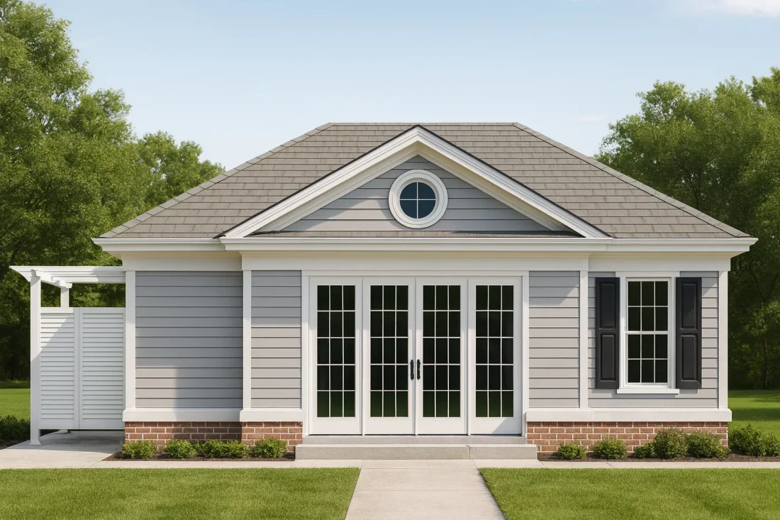 Front elevation of a Carriage House style garage apartment featuring white horizontal siding, stone wainscoting, dark carriage-style garage doors, and dormer windows