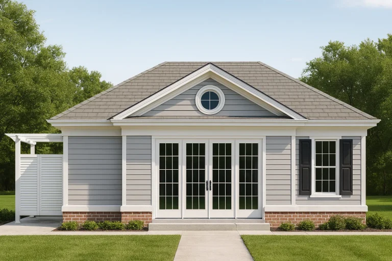 Front elevation of a Traditional Cottage style ADU featuring horizontal siding, brick water-table base, symmetrical façade, and French doors