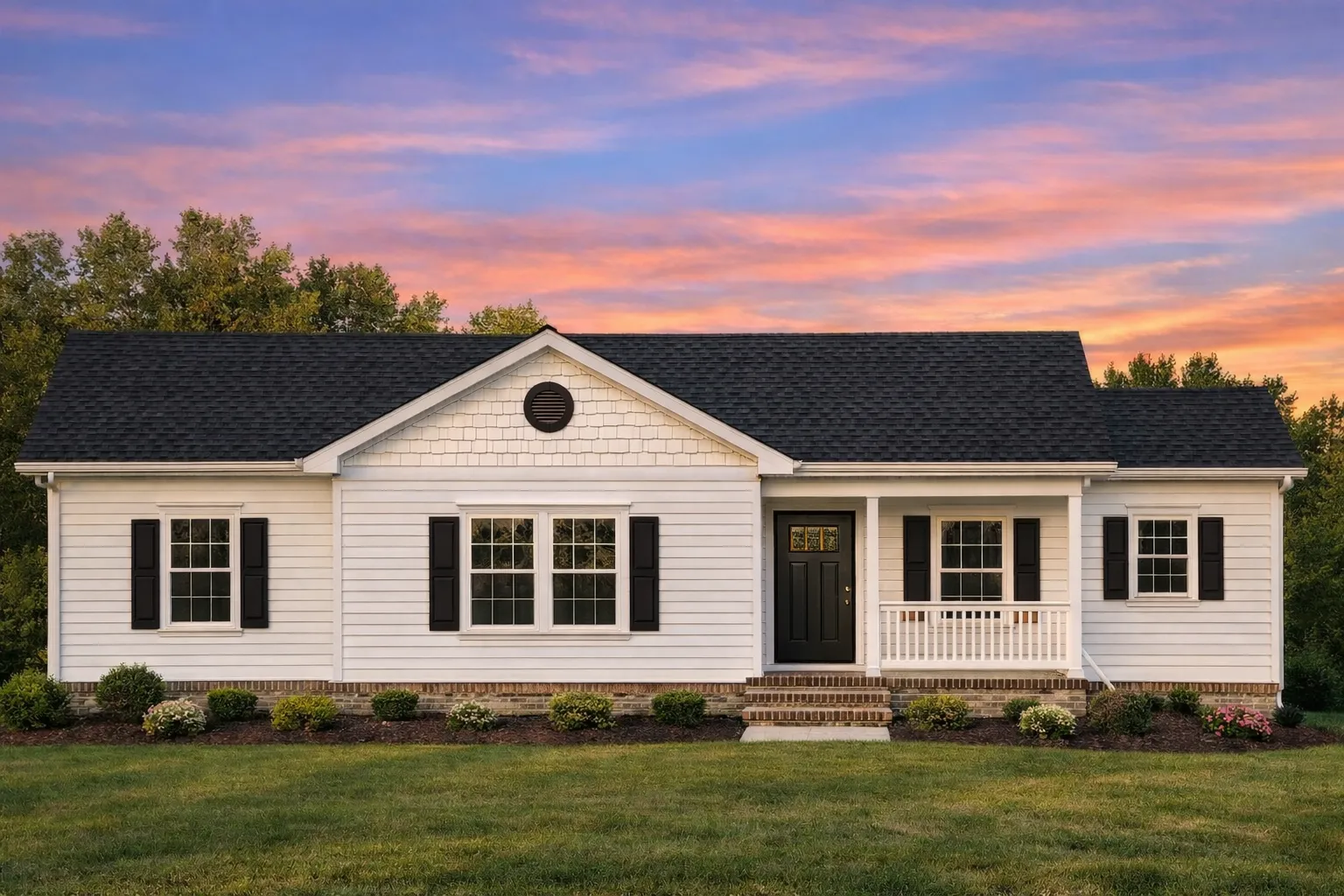 Front view of a Traditional Ranch style home featuring horizontal lap siding, black shutters, and a welcoming covered porch with brick foundation steps.