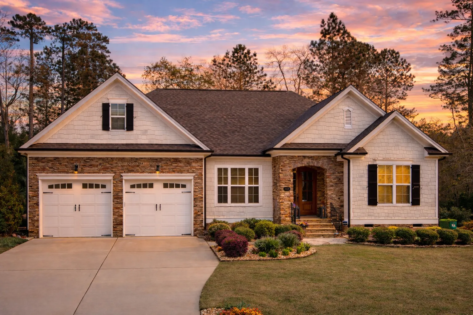 Front elevation of a New American style house featuring stone exterior, horizontal siding, gabled rooflines, and a welcoming covered entry