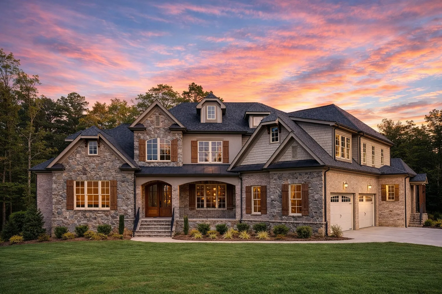 Front elevation of a New American style home featuring brick exterior, stone accents, symmetrical windows, and traditional colonial architecture