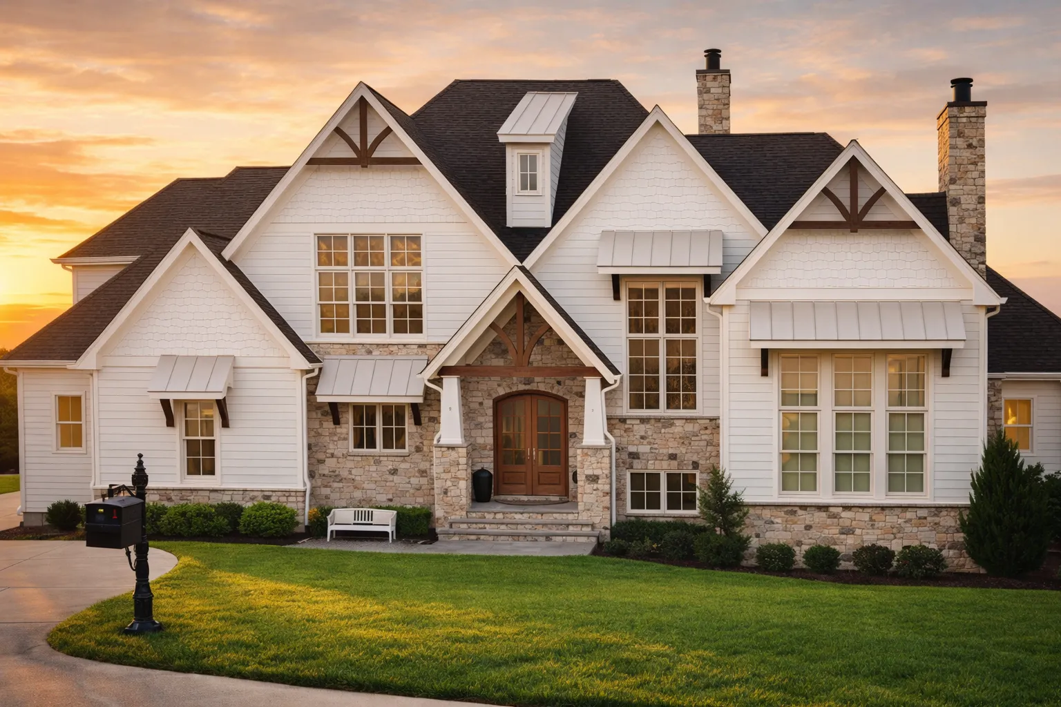 Front elevation of a New American farmhouse style home featuring white board and batten siding, stone accents, steep gables, and large grid windows