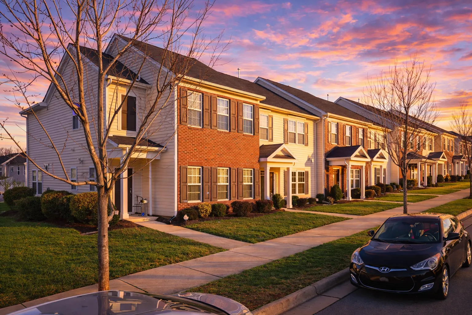 Front elevation of Traditional Colonial style townhomes featuring clapboard siding, brick foundation accents, symmetrical windows, and classic entry doors