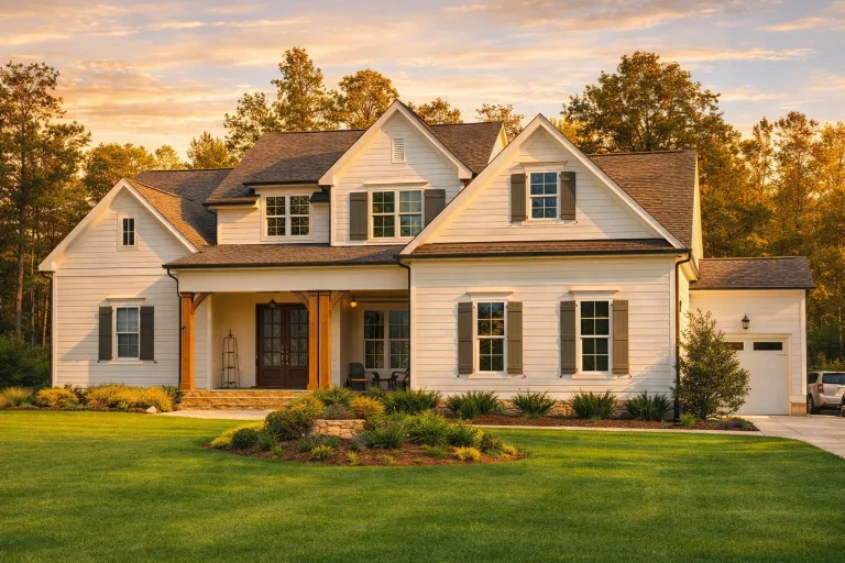 Front elevation of a Modern Farmhouse style home with white board and batten siding, lap siding accents, dark shutters, gabled rooflines, and a welcoming covered front porch