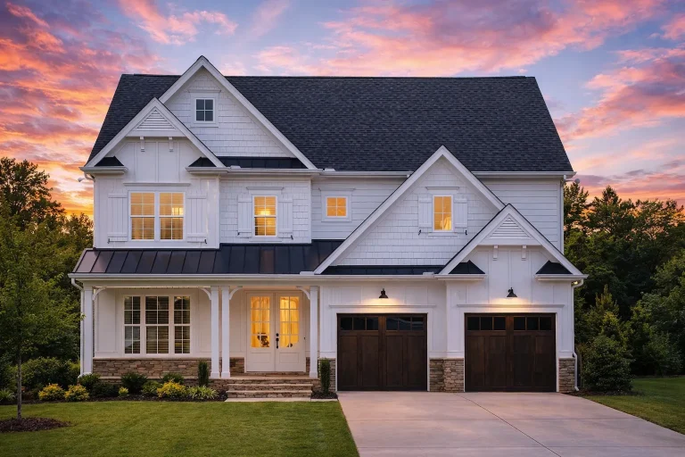 Front elevation of a New American Craftsman style house with board and batten siding, stone accents, and double garage