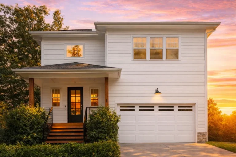 Front view of a two-story Modern Craftsman style house featuring horizontal lap siding, stone accents, and decorative gable detailing
