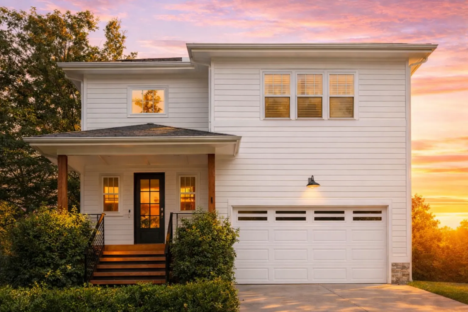 Front view of a two-story Modern Craftsman style house featuring horizontal lap siding, stone accents, and decorative gable detailing