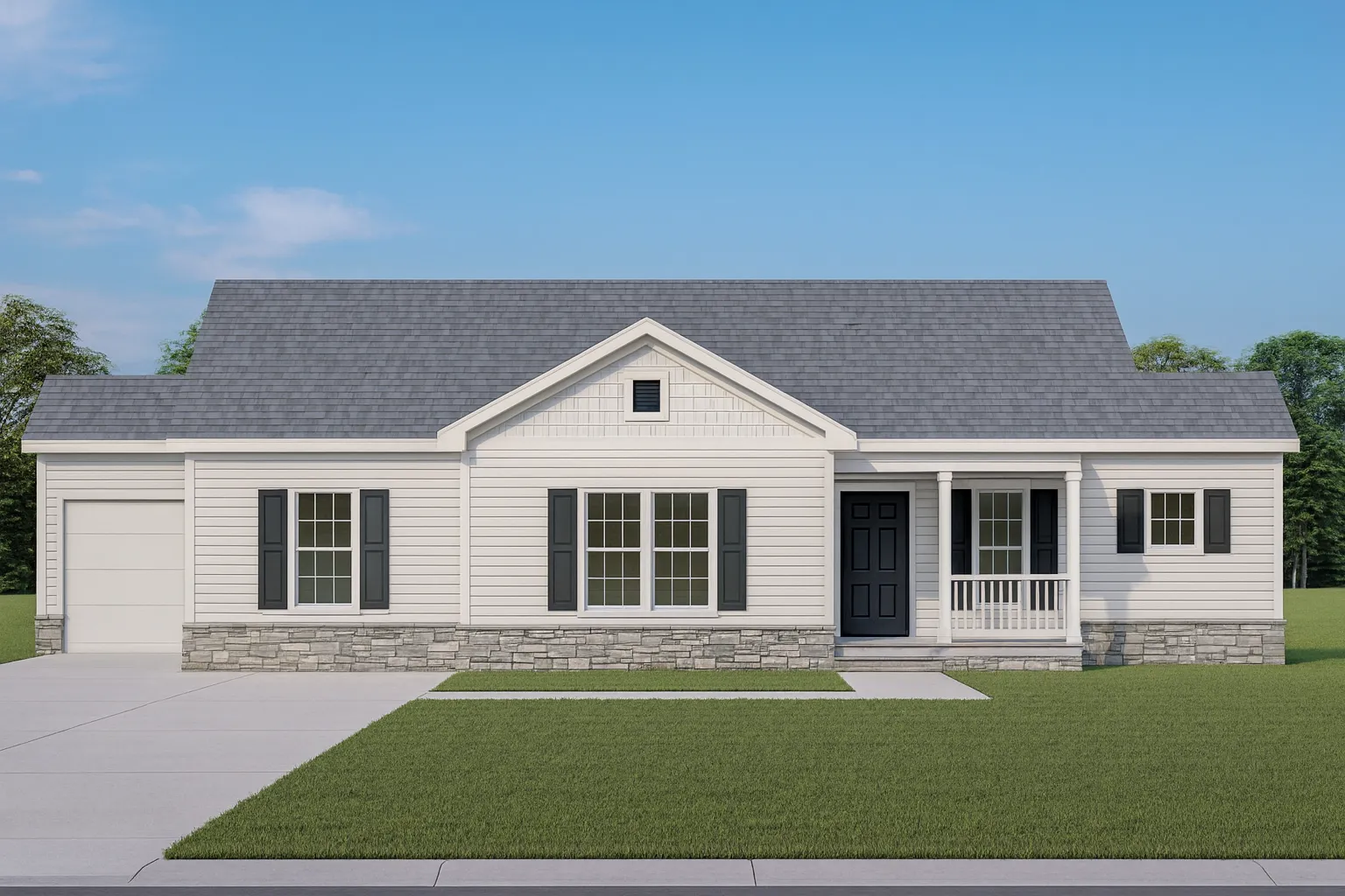 Front view of a Traditional Ranch style home featuring horizontal lap siding, black shutters, and a welcoming covered porch with brick foundation steps.