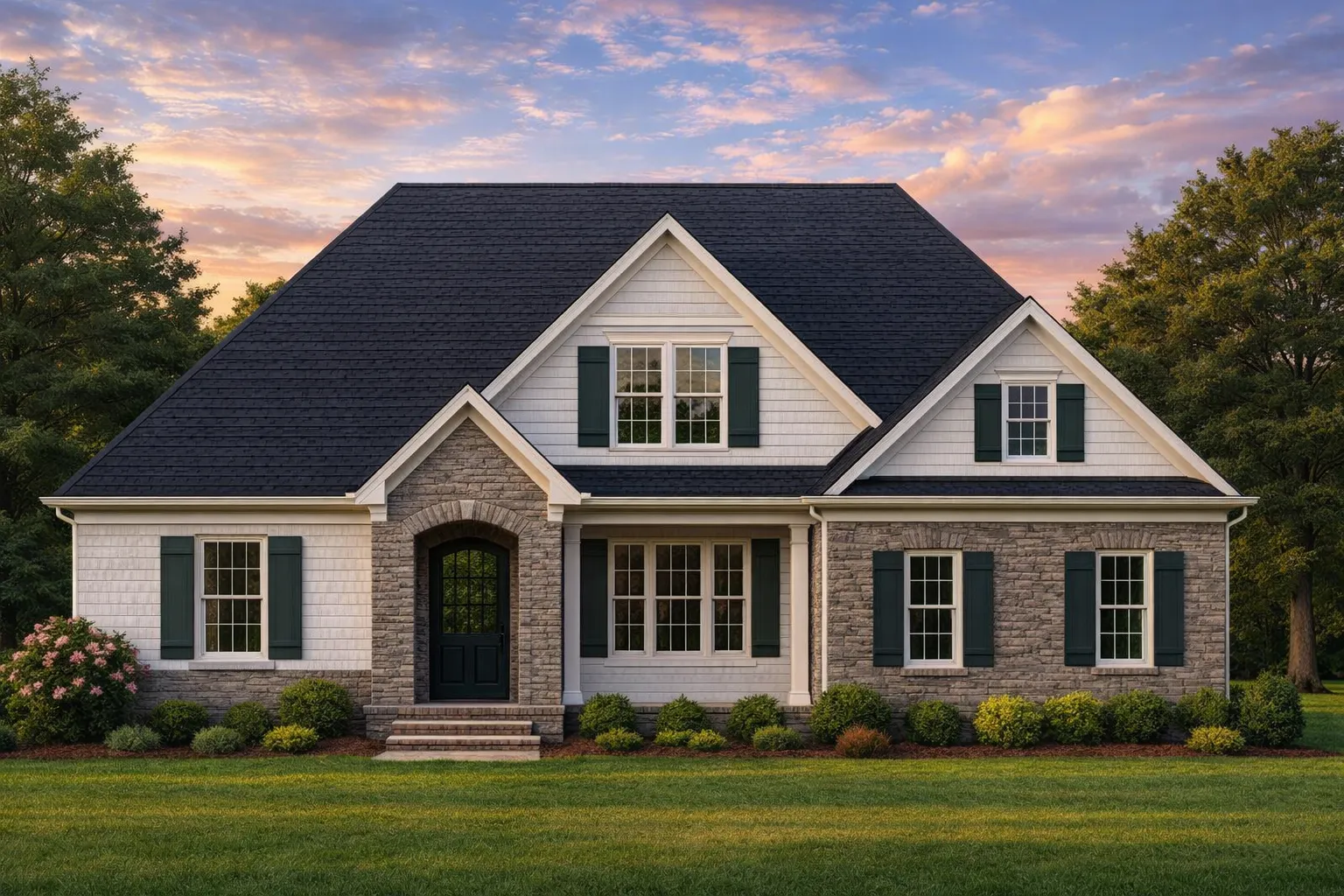 Front exterior of a Traditional Colonial style house featuring red brick facade, symmetrical windows, gabled rooflines, and classic shutters