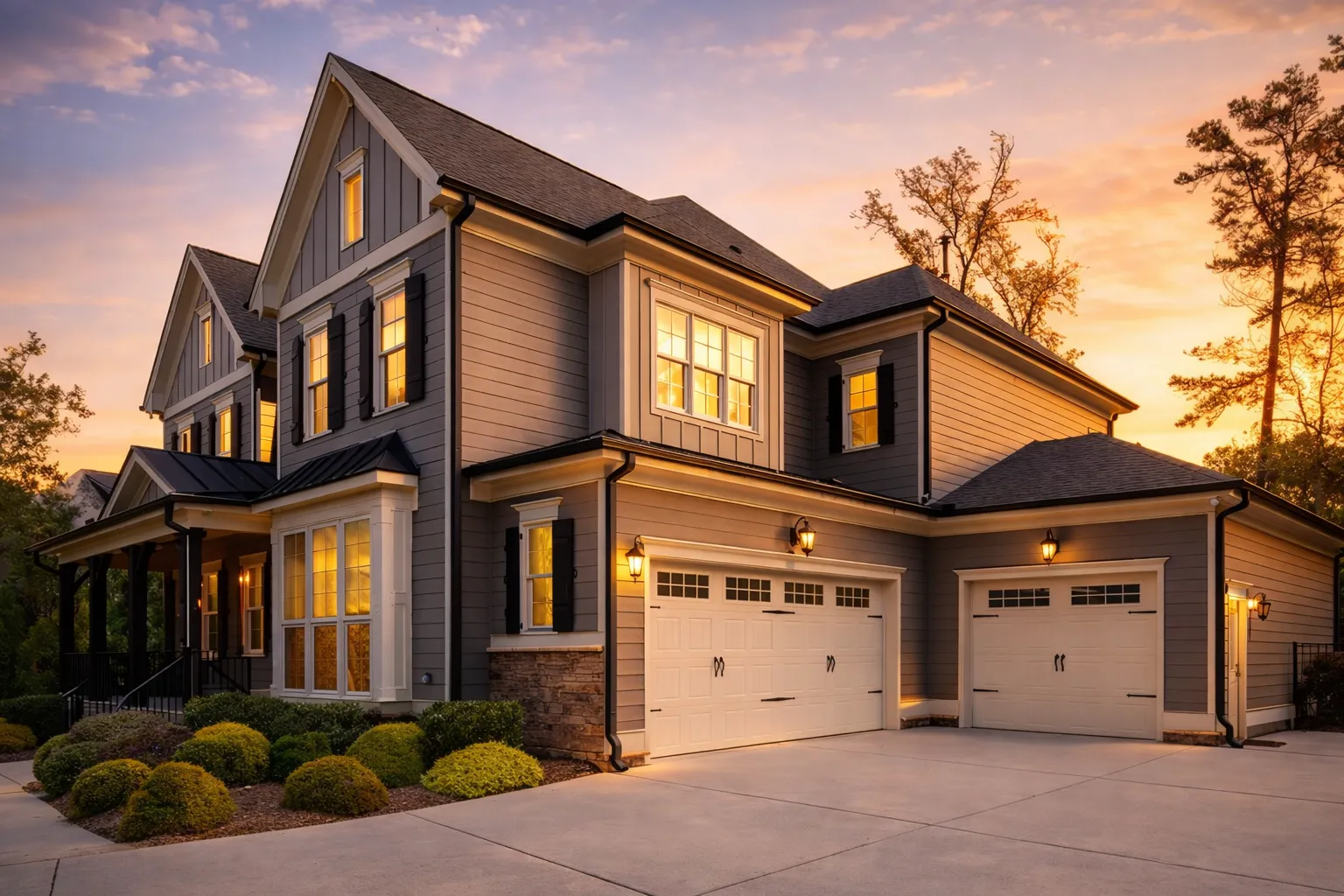 Southwestern House Plans 7 Front elevation of a New American Colonial style home with symmetrical façade, brick porch base, horizontal siding, multi-pane windows, and traditional rooflines