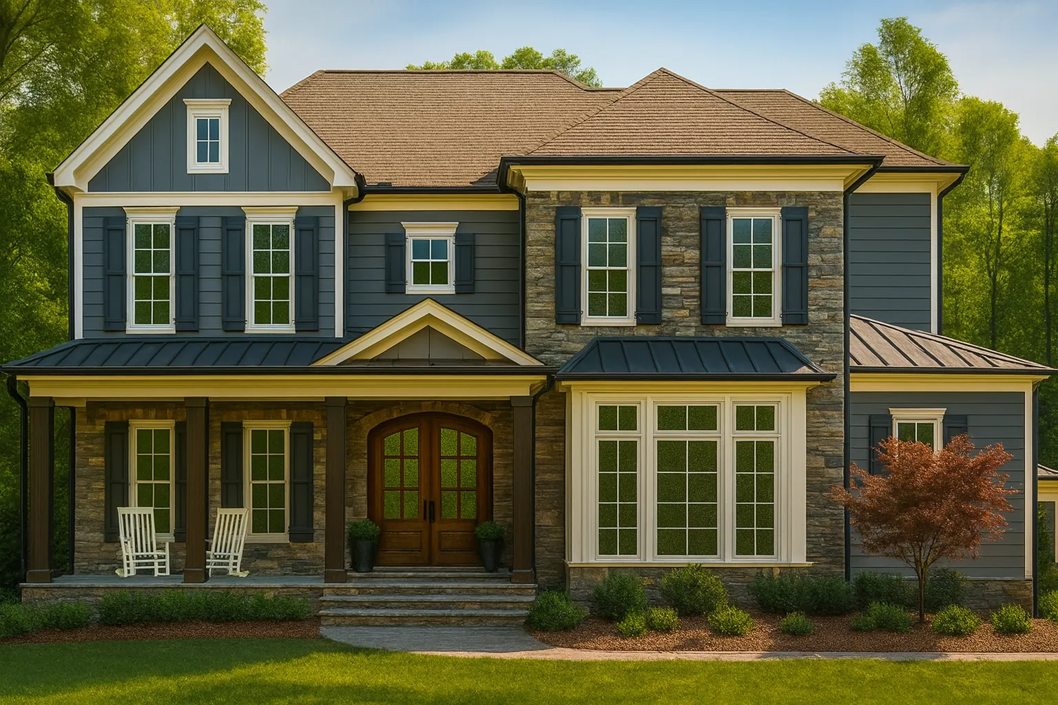 Front elevation of a New American (Modern Traditional) Transitional two-story home with stone veneer accents, horizontal lap siding, metal porch roof, and a covered front porch