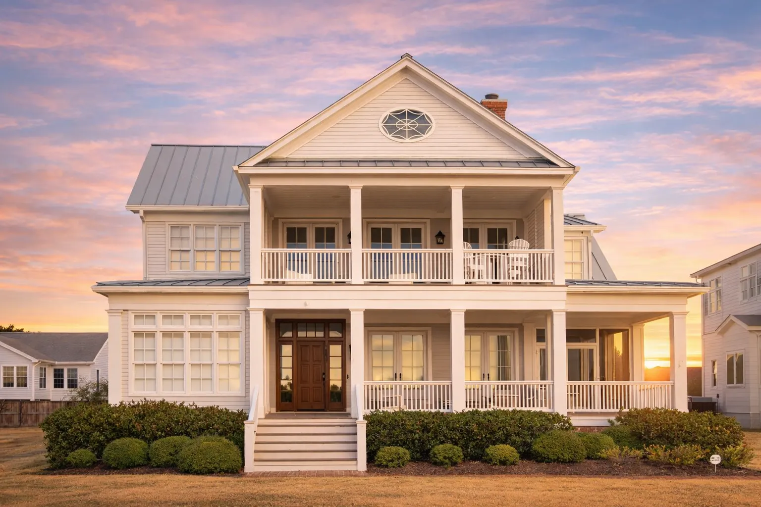 Front elevation of a Low Country Coastal style home with double stacked porches, lap siding, and classical Southern symmetry