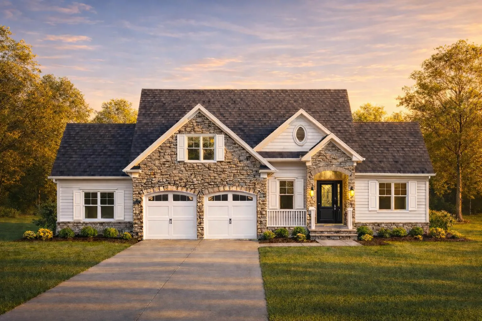 Front exterior view of a New American modern traditional house with horizontal siding, stone accents, gabled rooflines, and a welcoming covered entry