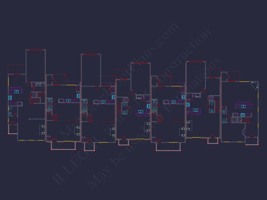 Traditional 7-Unit Townhome Floor Plan with Colonial Revival Design