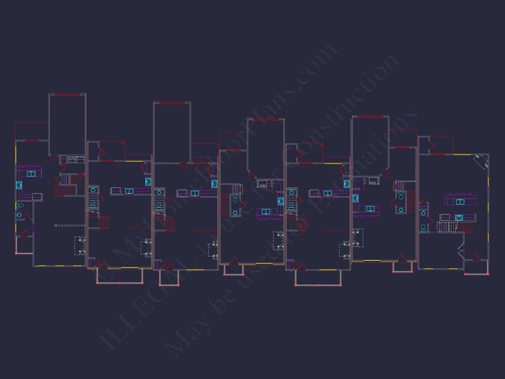 Traditional 7-Unit Townhome Floor Plan with Colonial Revival Design