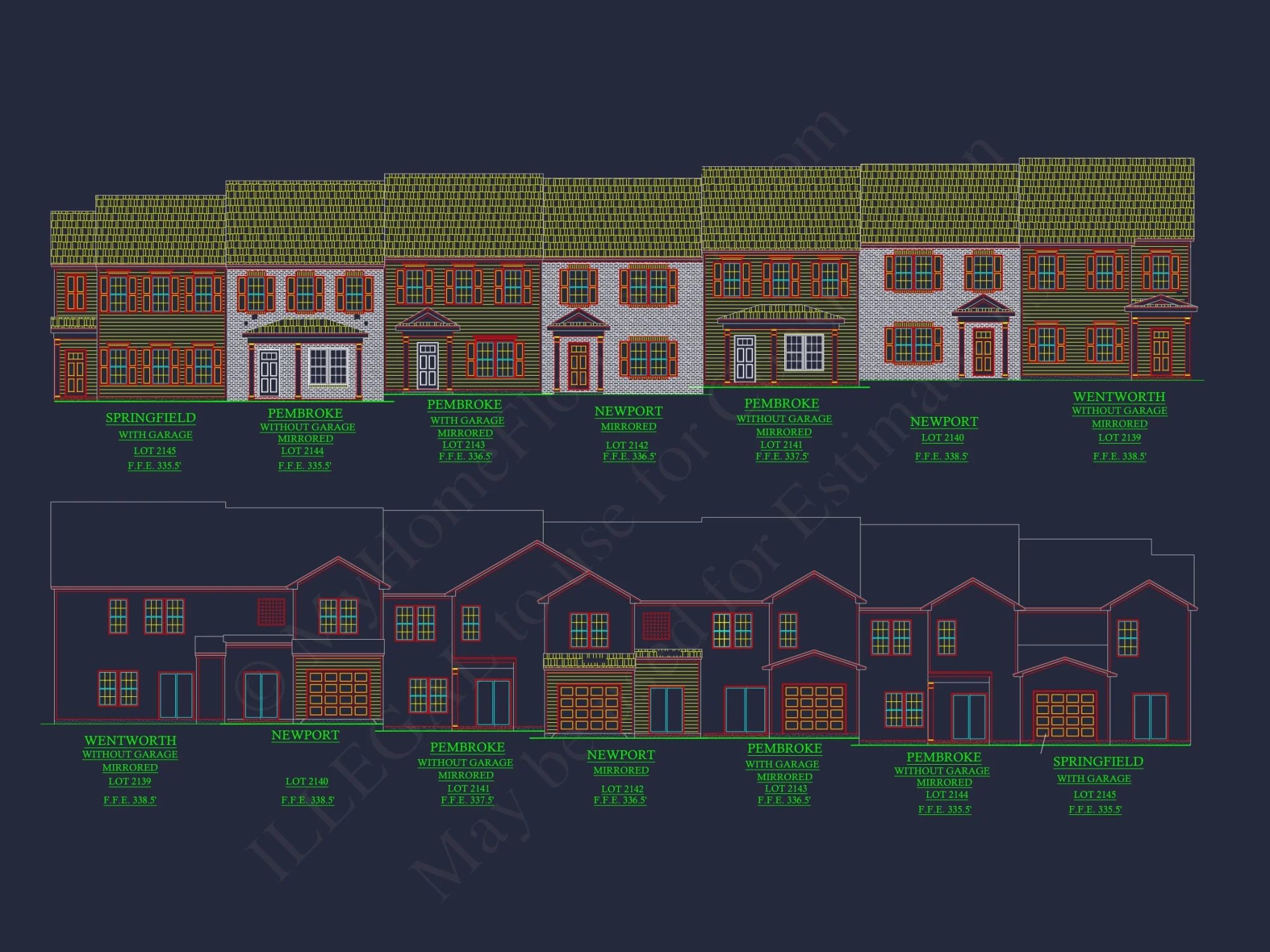Traditional 7-Unit Townhome Floor Plan with Colonial Revival Design