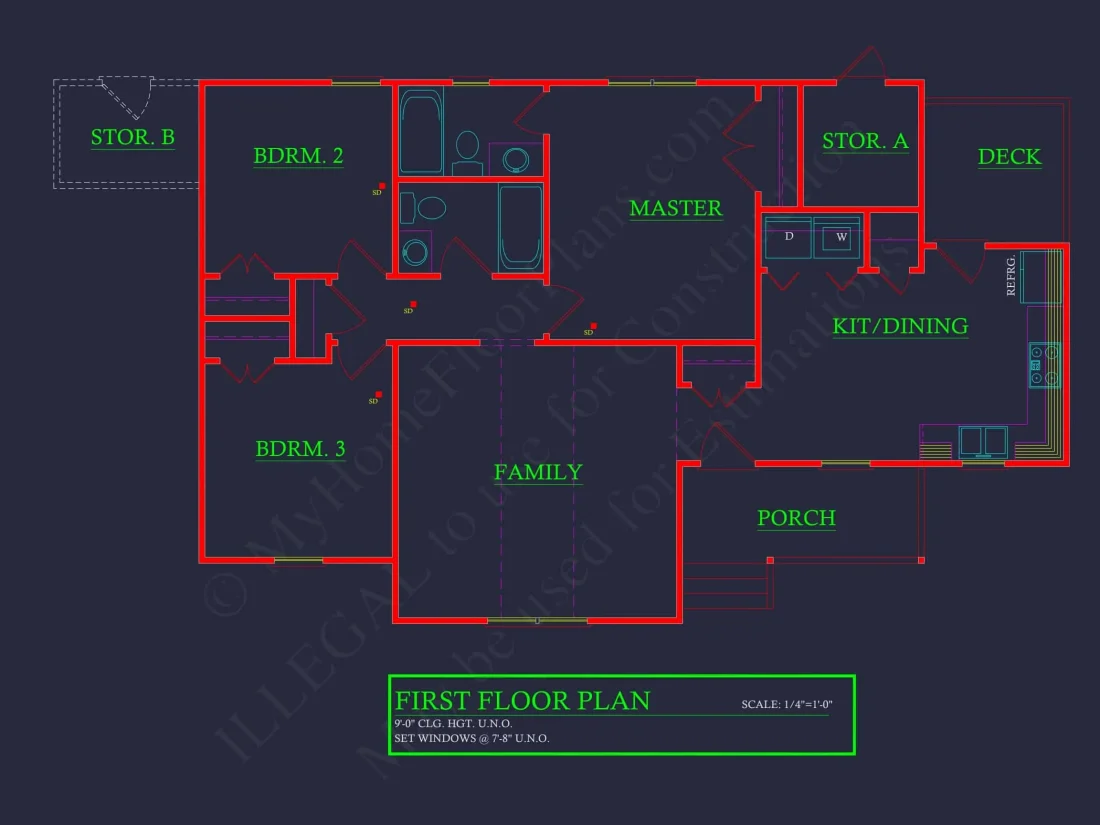 Modern Ranch House Plan with 3 Bedrooms, CAD Designs & Covered Porches
