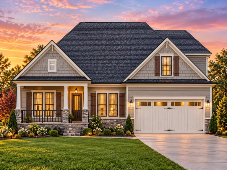 Front elevation of a Cape Cod style cottage home with horizontal siding, symmetrical windows, and a welcoming covered front porch