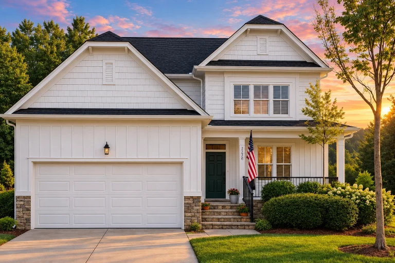 Front elevation of a Traditional Farmhouse and New American style home featuring board and batten siding, stone base, two-car garage, and inviting covered porch entry