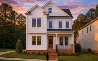 Front elevation of a Coastal Traditional style home featuring shingle accents, horizontal siding, brick foundation, and a covered front porch