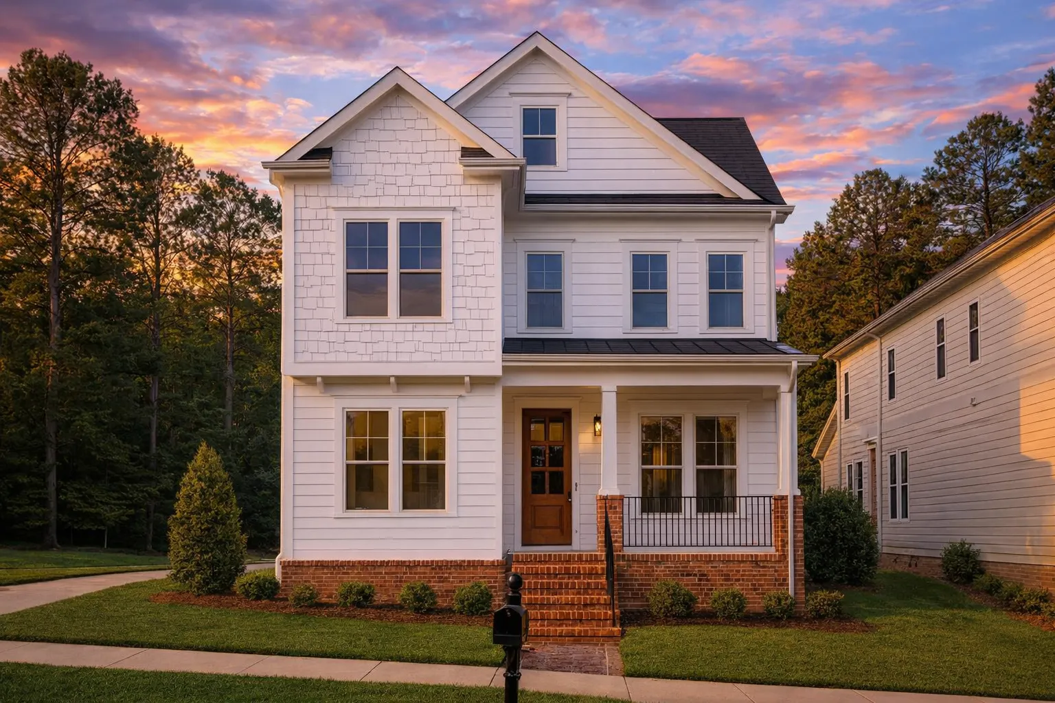 Front elevation of a Coastal Traditional style home featuring shingle accents, horizontal siding, brick foundation, and a covered front porch