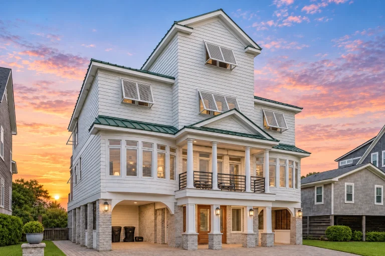 Mountain Contemporary House Plans 3 Front exterior view of a luxury coastal shingle style house with elevated foundation, wraparound porches, stone base, and classic seaside architectural detailing